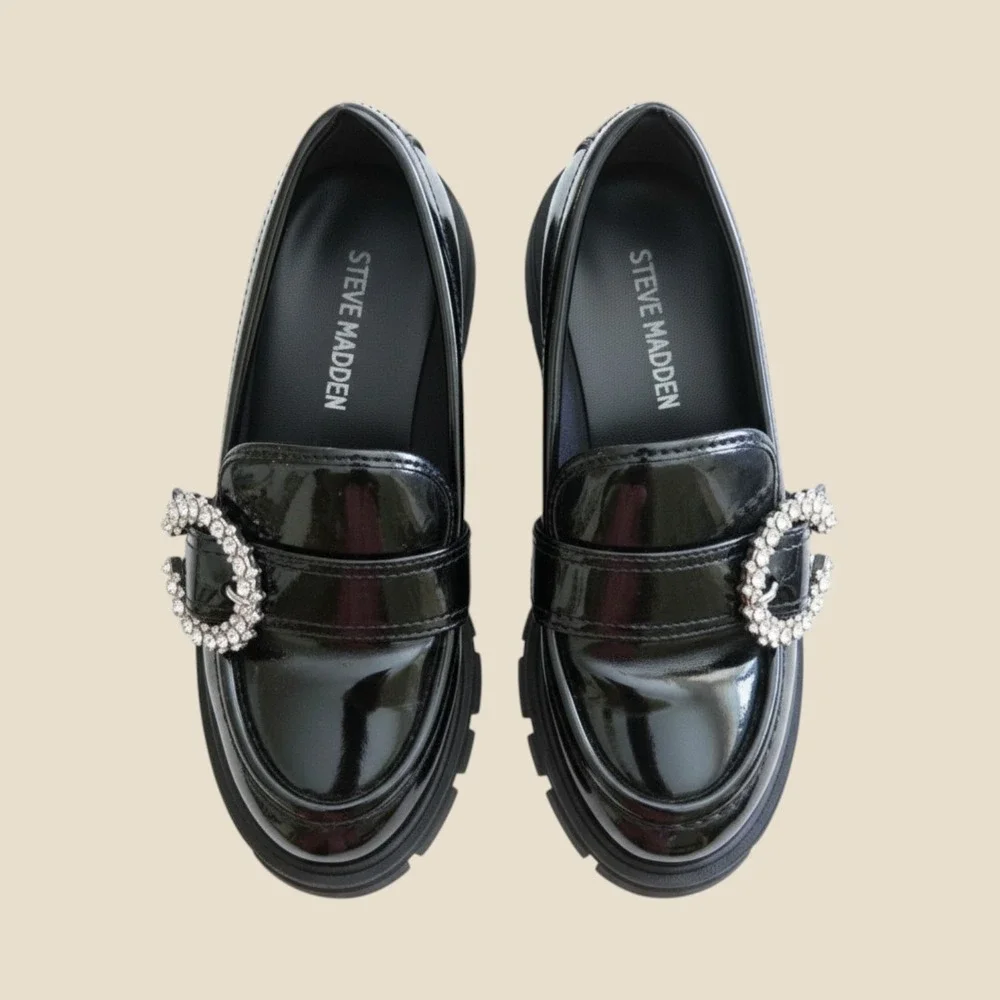 Steve Madden Kids Black Patent Rhinestone Buckle Chunky Lug Sole Loafers Size 11